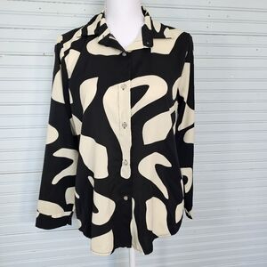 Yong Tong Black Cream Silky Abstract Button Down Blouse Women's Size M